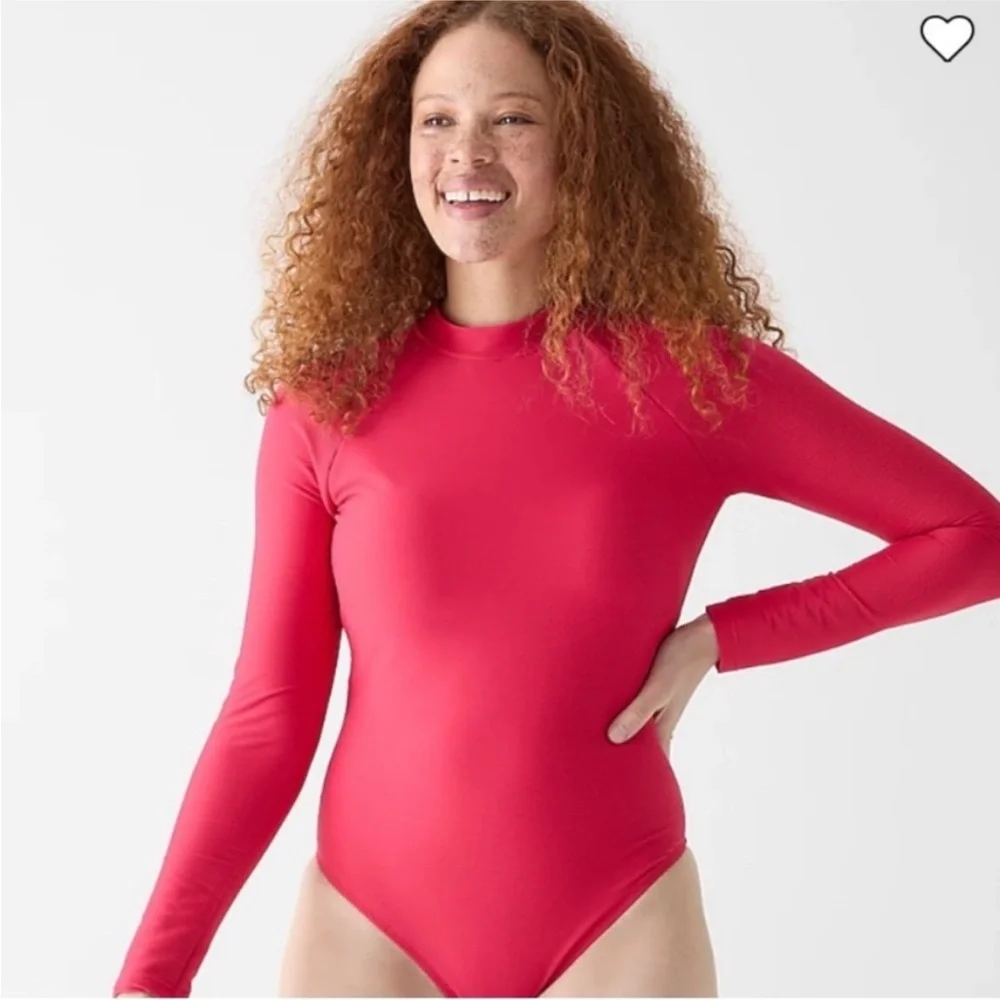 J. Crew Cranberry‎ Pink Ribbed Long Sleeve Rash Guard Swimsuit One Piece Sioze 4